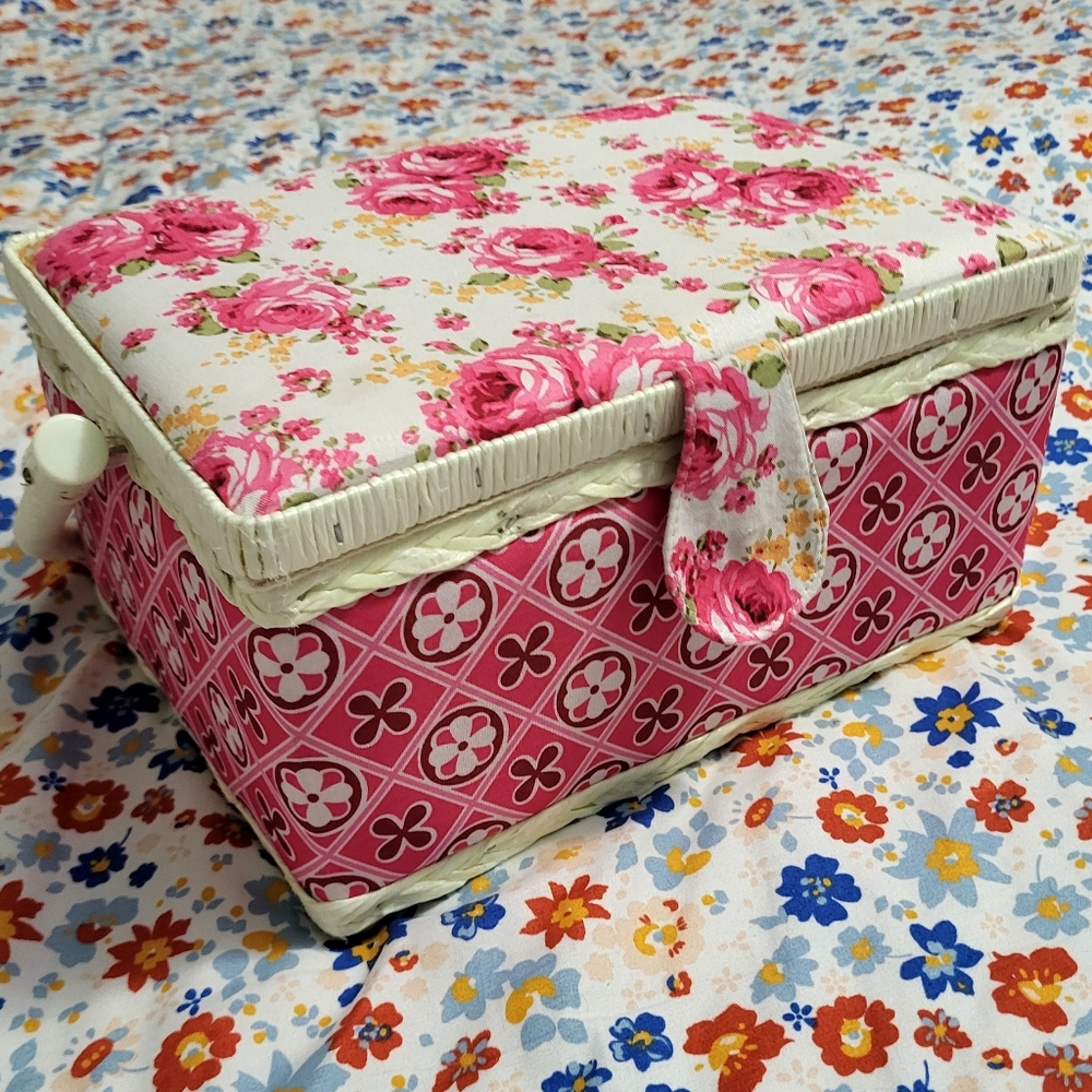 Vintage Retro Flower Power Pink Sewing Basket
